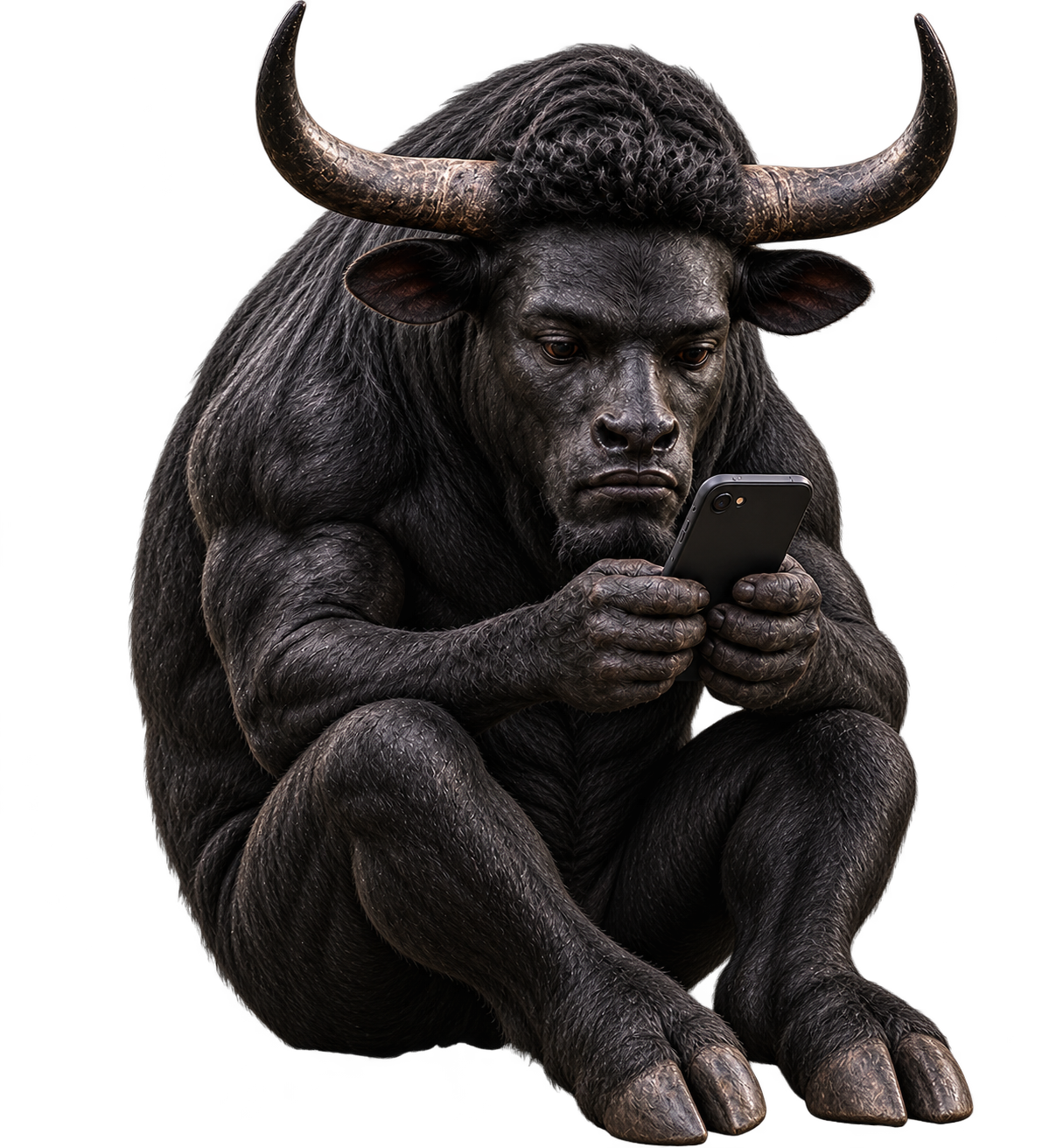 A hulking 3D bull sitting cross-legged, hunched over and staring into its phone